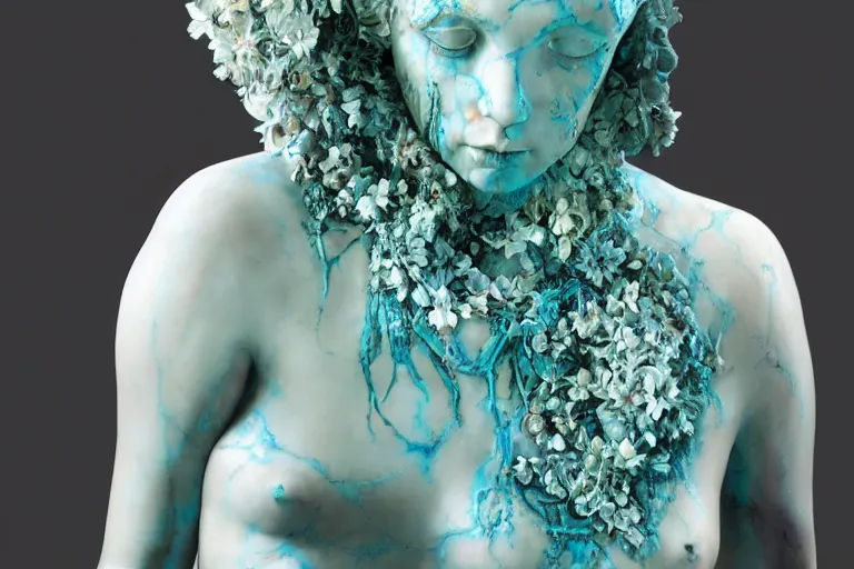 Image similar to a sculpture of a beautiful woman with flowing tears, turquoise fractal flowers on the skin, intricate, a marble sculpture by nicola samori, behance, neo - expressionism, marble sculpture, made of mist, still frame from the prometheus movie by ridley scott with cinematogrophy of christopher doyle, arri alexa, 8 k