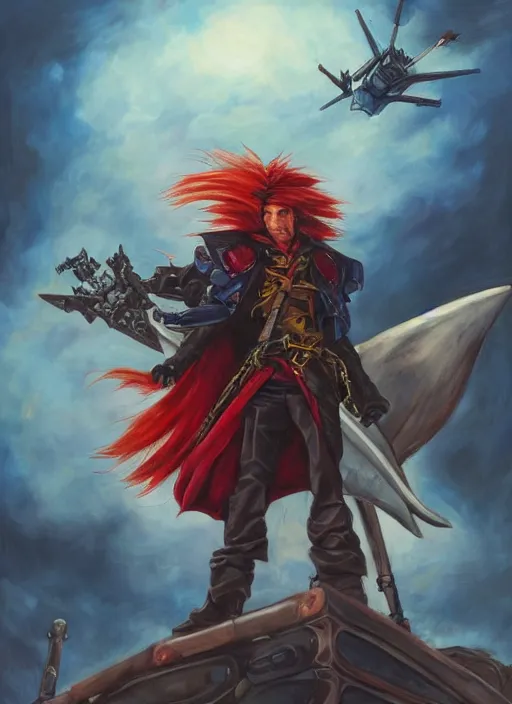 Prompt: epic fantasy portrait painting of a long haired, red headed male sky - pirate in front of an airship in the style of the gundam