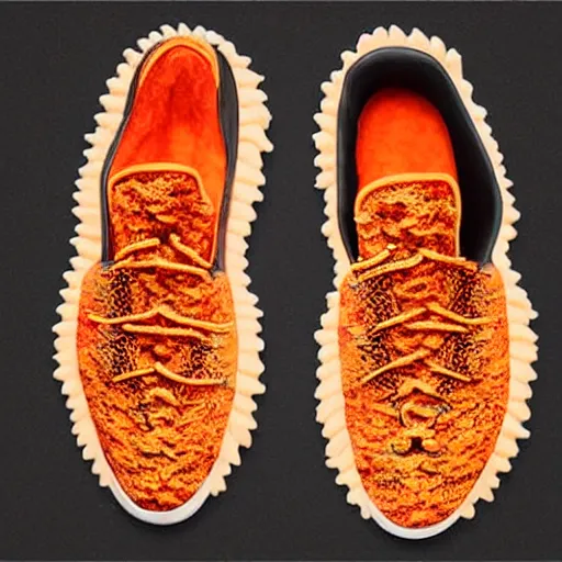 Prompt: promotional photography new Yeezys made of Cheetos