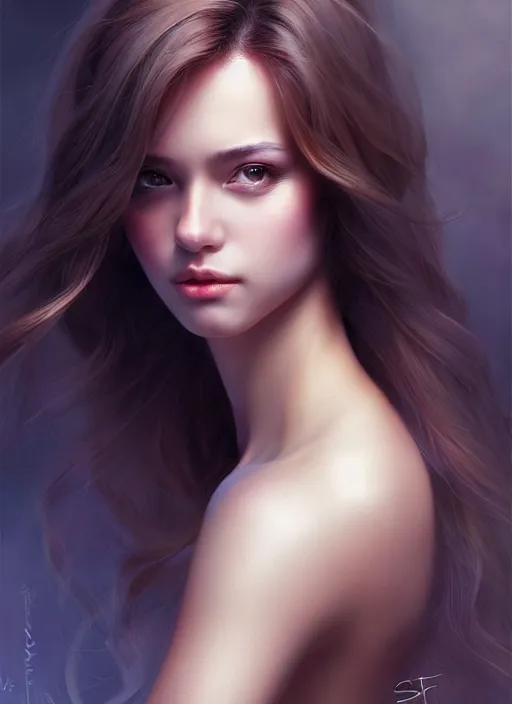 Image similar to a gorgeous female with long clean hair in the style of stefan kostic, realistic, full body shot, wide angle, sharp focus, 8 k high definition, insanely detailed, intricate, elegant, art by stanley lau and artgerm, floating embers