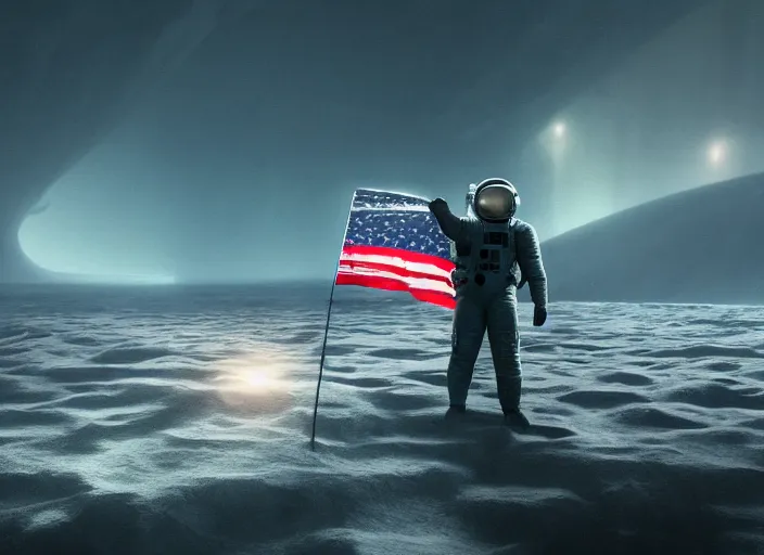 Image similar to astronaut holding a flag in an underwater desert. a submarine is visible in the distance. dark, concept art, cinematic, dramatic, atmospheric, 8 k, trending on artstation, blue, fish, low visibility, light rays, extremely coherent, bubbles, fog, ocean floor, christopher nolan, interstellar