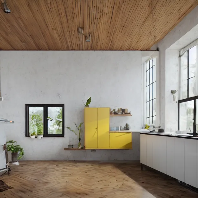 Image similar to modern a frame interior in a wooden cabin, yellow cabinets and white walls, vintage fridge, large window in back with ocean scenery, marble countertops, leather couch, spiral staircase, realistic, unreal engine render, octane render, hyper realistic, photo, 8 k