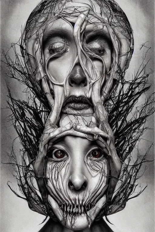 Image similar to Detailed maximalist portrait of a beautiful old woman with large lips and eyes, scared expression, botanical skeletal with extra flesh, HD mixed media, 3D collage, highly detailed and intricate, surreal illustration in the style of Caravaggio, dark art, baroque, centred in image