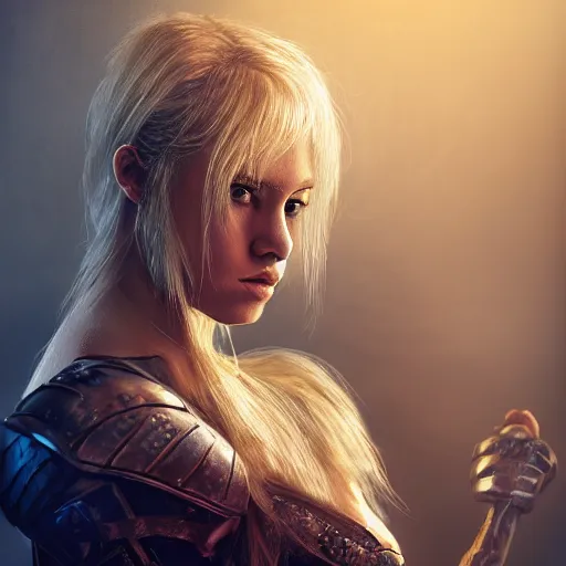 Image similar to legendary pretty blond female warrior, shallow depth of field, moody lighting, 8 k, concept art,