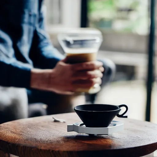 Image similar to manual coffee V60 brewing, with fellow stagg ekg, on a coffee table, product photography, ad campaign