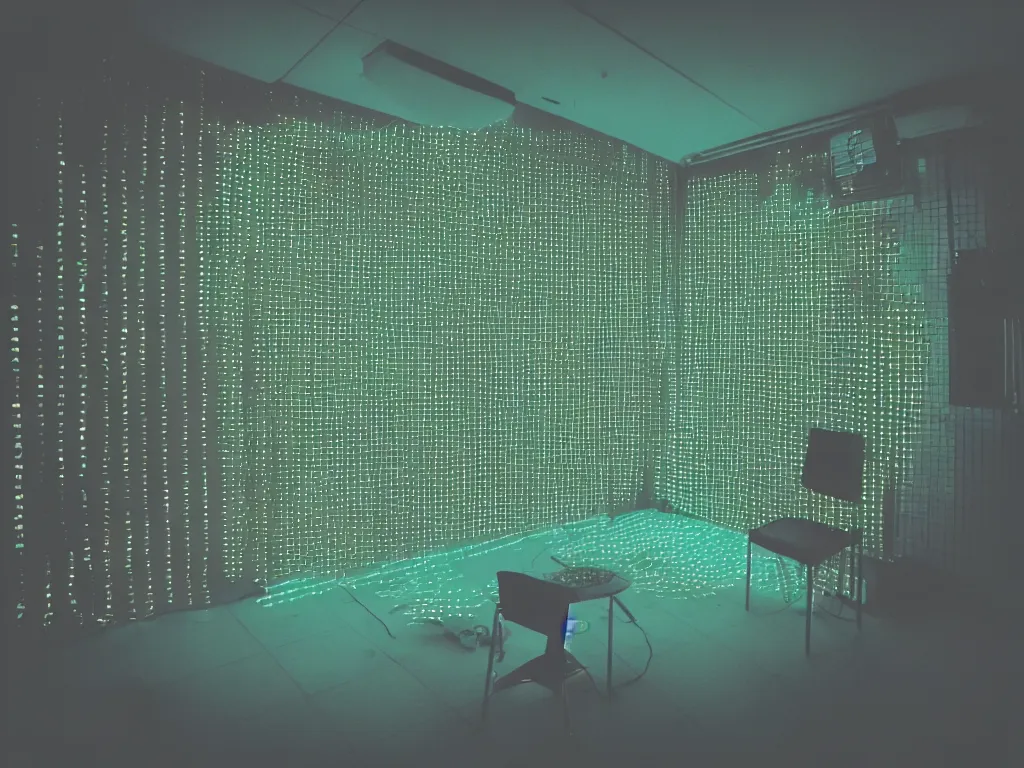 Image similar to room with overlaping screens projecting art, pixel perfect image, high contrast, volumetric lighting, tiny neon light, chair, user, pair of keys