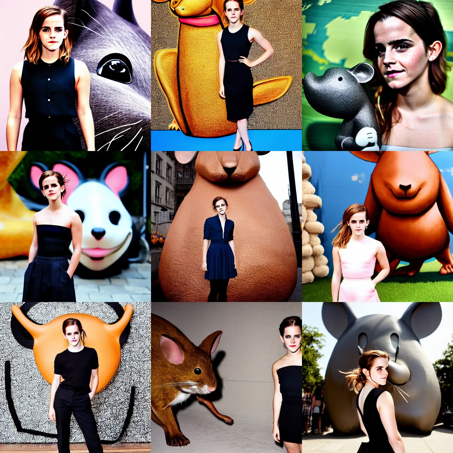 Prompt: emma watson standing in front of a giant mouse, portrait photography