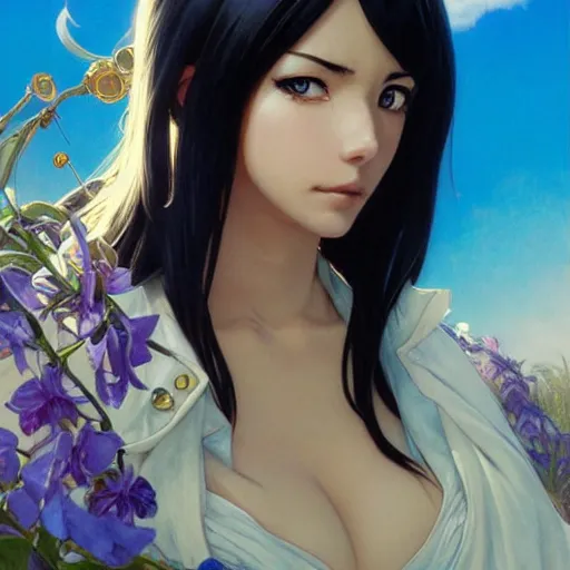 Image similar to highly detailed vfx portrait of nico robin by eiichiro oda!, makoto shinkai, alphonse mucha, sharp focus, art by artgerm and greg rutkowski!, harsh overhead sunlight, blue eyes!!, large aquiline nose!!, stanley kybric, kaoru mori, intricately detailed, best of behance,