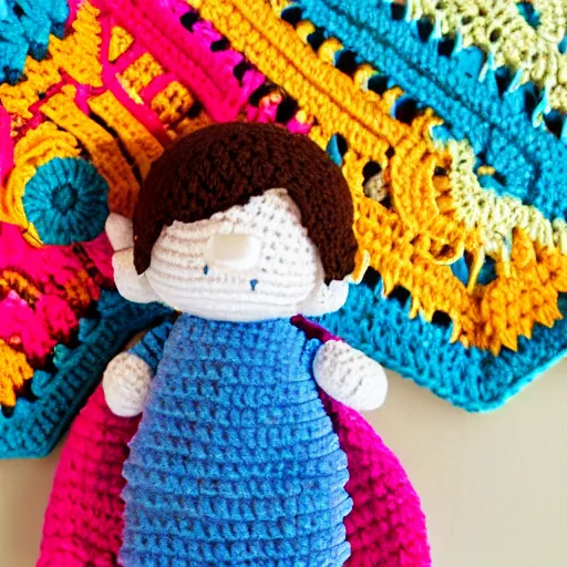 Image similar to product image of a cute crochet grandma made of crochet who's making a crochet. high resolution