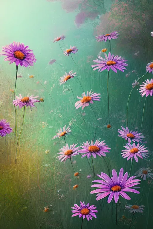 Prompt: beautiful digital matter cinematic painting of whimsical botanical illustration daisies and bokeh by greg rutkowki and alena aenami artstation