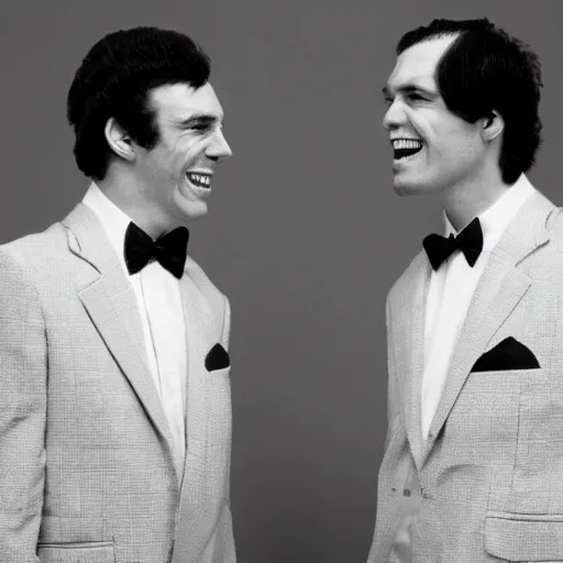 Prompt: two deformed cloned alien men brothers dressed in cheesy 80s suits. Candid photograph.