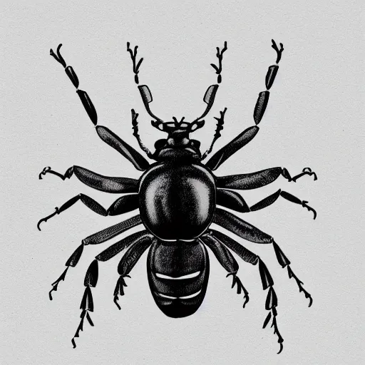 Prompt: male stag beetle, black and white, botanical illustration, black ink on white paper, bold lines