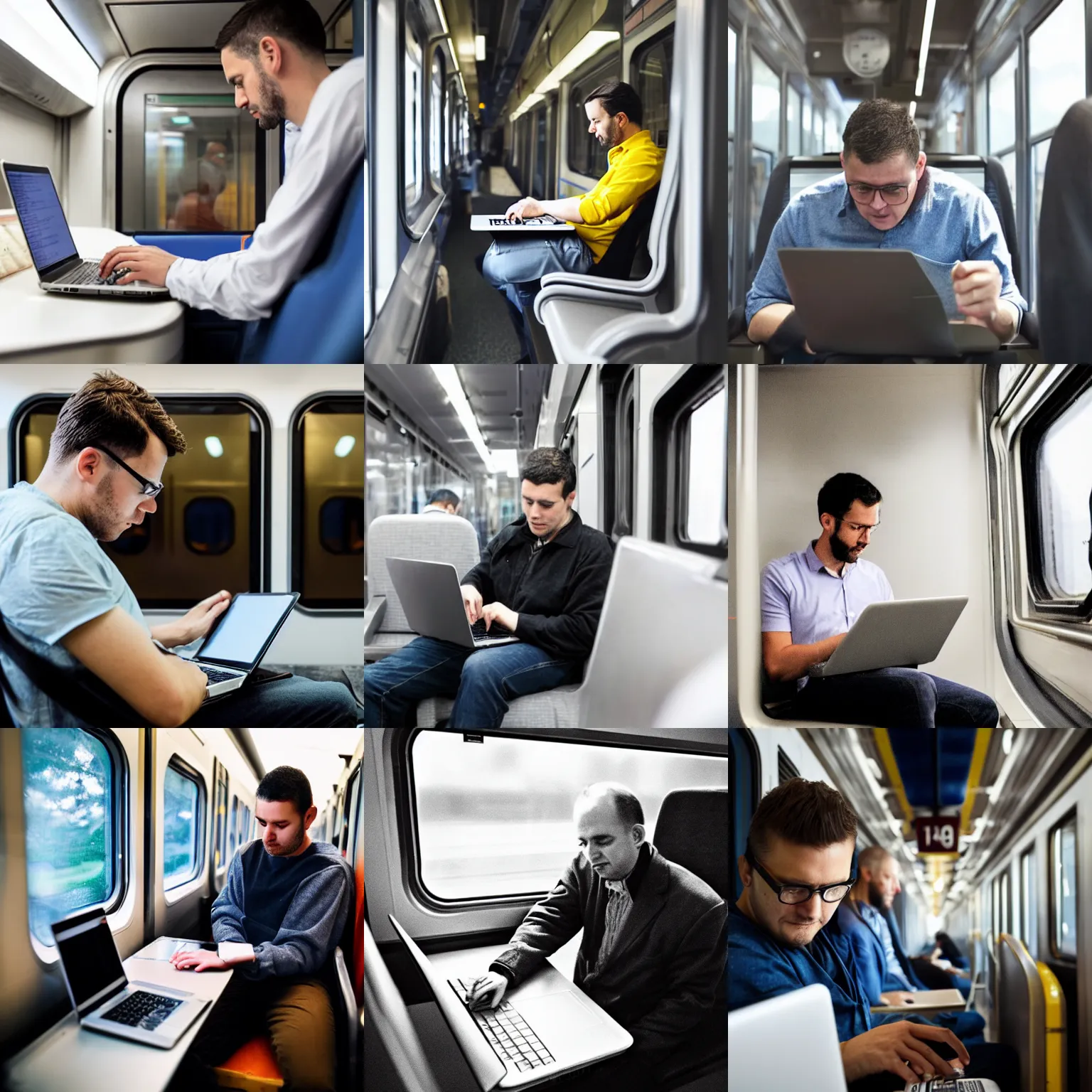 Prompt: a man working on his laptop on a train, photograph