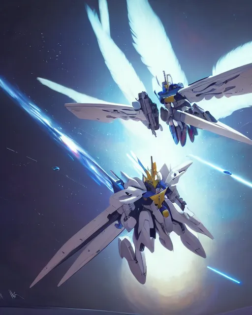 Prompt: highly detailed vfx portrait of an white wings gundam with wings of feathers beam saber fighting in space with a beam gun, unreal engine, greg rutkowski, loish, rhads, beeple, makoto shinkai and lois van baarle, ilya kuvshinov, rossdraws, tom bagshaw, alphonse mucha, global illumination, detailed and intricate environment