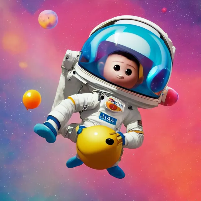 Prompt: a cute astronaut, pixar animation style, soft colors, by jeff koons, by lisa frank, octane render, by takashi murakami, colorful, spectral color, 5 d, ultra - hd, mini, volumetric lighting