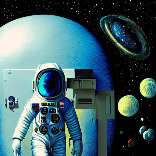 Prompt: 4 k, hyper - realism, distant shot, extra - details, psychedelic astronaut opening door that leads to the universe.