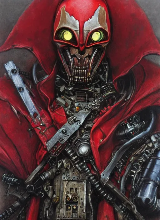 Image similar to portrait of rotten Tom Cruise as adeptus mechanicus in red hood and robe from Warhammer 40000. Highly detailed, artstation, illustration by and John Blanche and zdislav beksinski and wayne barlowe and Gustav Klimt