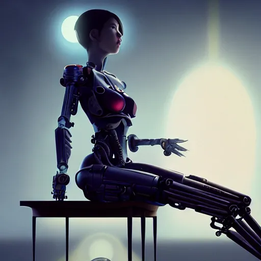 Prompt: broken cyborg - girl by tom bagshaw, sitting on a metal table by ilya kuvshinov, rtx rendering, octane render 1 2 8 k, maya, extreme high intricate details by wlop, digital anime art by ross tran, medium shot, close up shot, composition by sana takeda, dramatic lighting by greg rutkowski