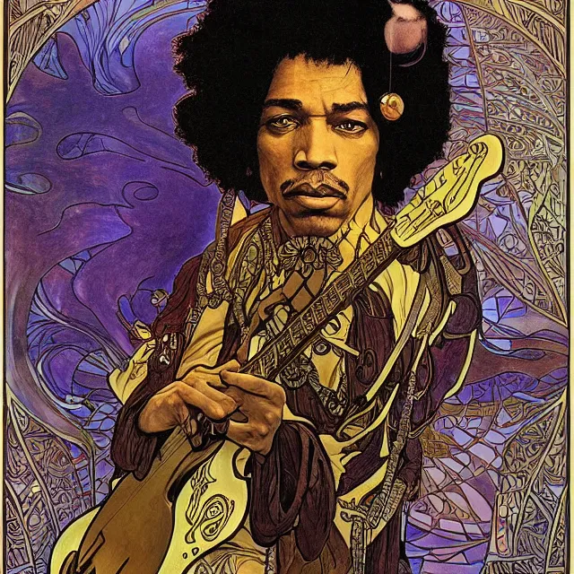 Prompt: artwork by Franklin Booth and Alphonse Mucha and Edmund Dulac showing a portrait of Jimi Hendrix as a futuristic space shaman, futuristic electric guitar, star map, smoke, platonic solids