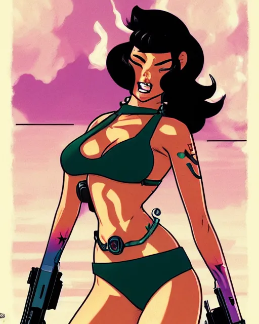 Image similar to comic cover art of a bikini - clad guerilla, inspired by gunsmith cats and tank girl, illustration by jenny frison and sana takeda, intricate details, stunning inking lines, stunning gradient colors, 4 k, hd, artstation