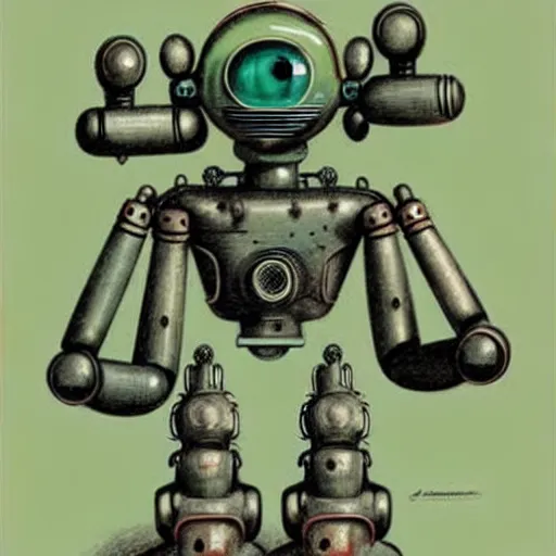 Prompt: 1950s retro cactus robot, Bionic Arms and eyes . muted colors. by Jean-Baptiste Monge