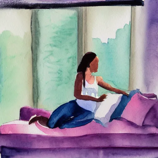 Prompt: watercolor painting of a female body sitting on a sofa, infront of window light.