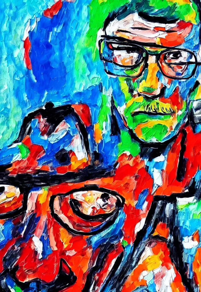 Image similar to expressionist painting of walter white on a motorbike, dynamic perspective, expressionist, colorful, clean, close up