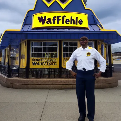 Image similar to wafflehouse employee's standing below wafflehouse sign, employees uniform is blue and black with yellow name tags