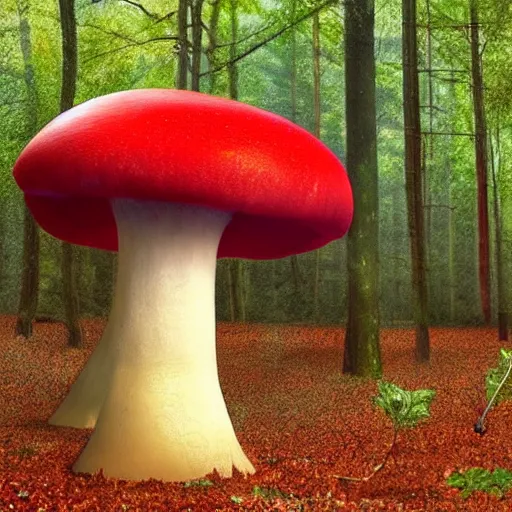 Prompt: modern painting giant mushrooms with red caps in a forest that is bright and cheerful