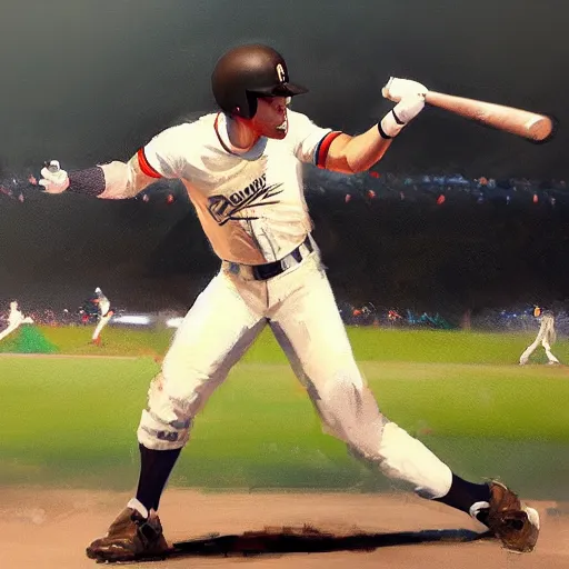 Image similar to baseball player hitting the ball with the baseball bat in the middle of the game and in front of everyone in the stadium, james gurney painting style, greg rutkowski, artstation