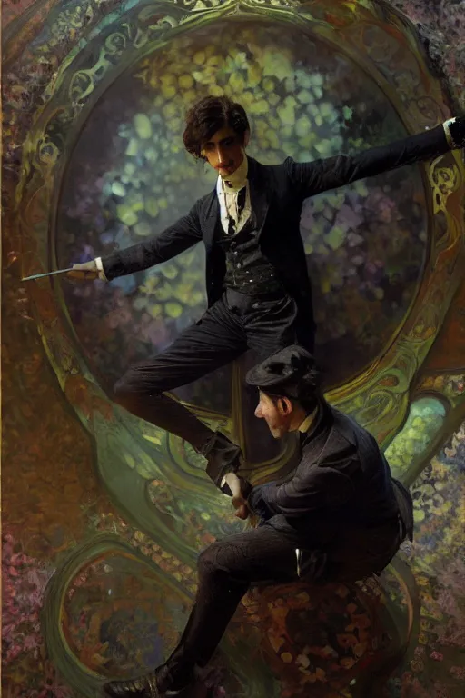 Image similar to an intricate artistic pose painting of a beautiful young victorian gentleman with an artistic pose wearing a beautiful victorian suit, hyper detailed, octane render, vivid colors, artstation, by jeremy mann, alphonse mucha, by boris vallejo