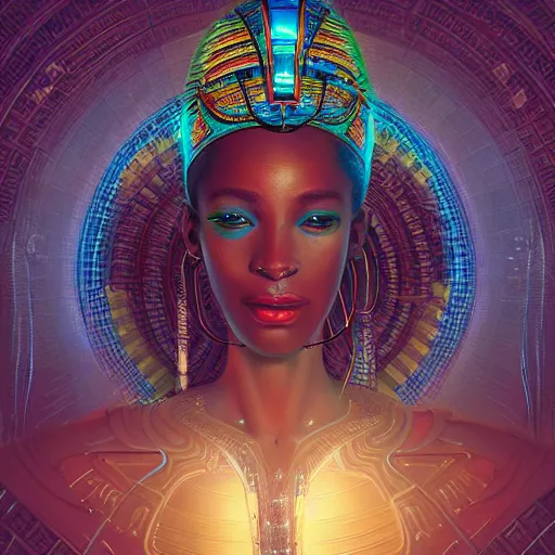 Image similar to highly detailed portrait of an african neon egyptian goddess, intricate alien technology, stephen bliss, unreal engine, fantasy art by greg rutkowski, loish, rhads, ferdinand knab, makoto shinkai and lois van baarle, ilya kuvshinov, rossdraws, tom bagshaw, global illumination, radiant light, detailed and intricate environment