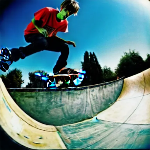 Image similar to award winning color photo of, Tony Hawk, skateboarding, doing a 900, in the 1986 vert contest, fisheye lens, detailed faces, detailed skateboard, 8k, balanced composition