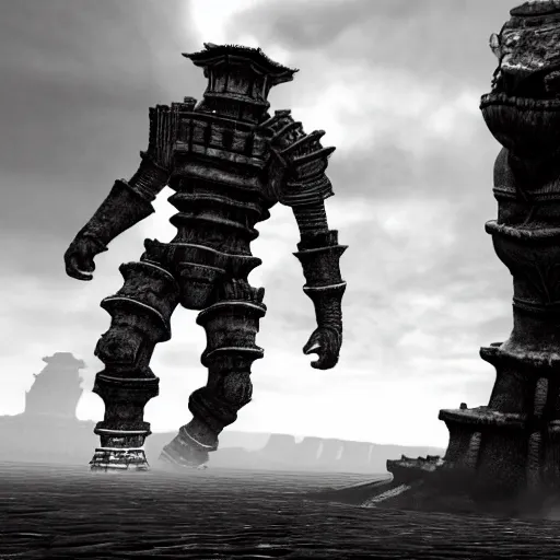 Prompt: shadow of the colossus, spider colossus, black and white image, rusty, grey, bad quality