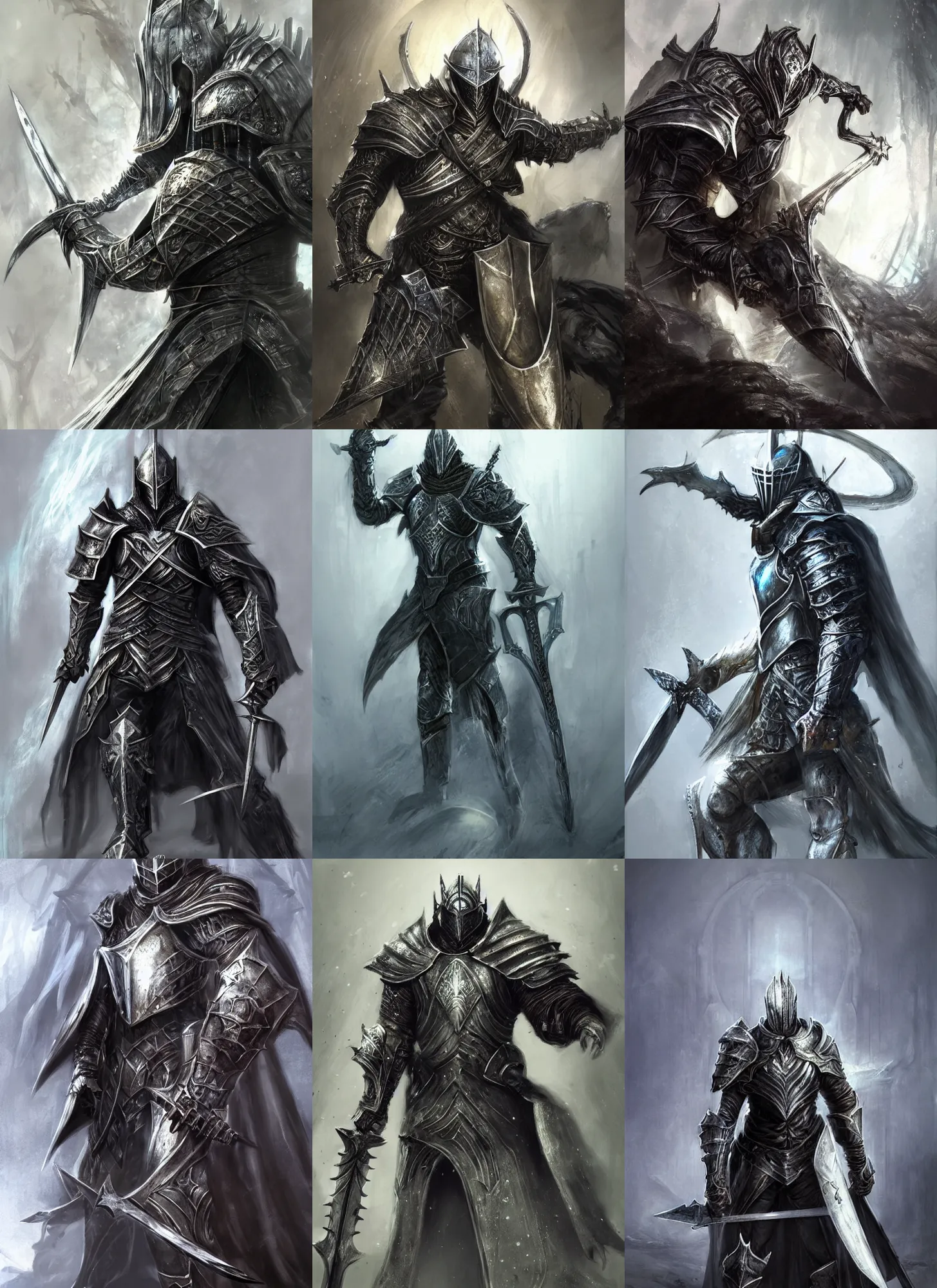 Prompt: a man in armor crouching, resting a sword on his shoulder, artorias, abysswalker concept art by aleksi briclot, featured on deviantart, fantasy art, concept art, 2 d game art, official art