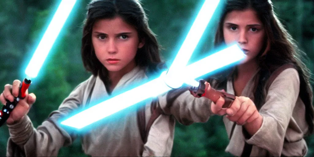 Prompt: a full color still of a teen brunette Jedi padawan holding a lightsaber hilt during a sci-fi battle, cinematic lighting, 1999, directed by Steven Spielberg, 35mm