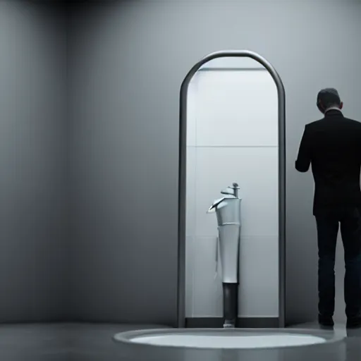 Image similar to photograph of a man with a urinal instead of his head begging for food, 8k resoloution, high detail, ULTRA REALISTIC VFX, reflections