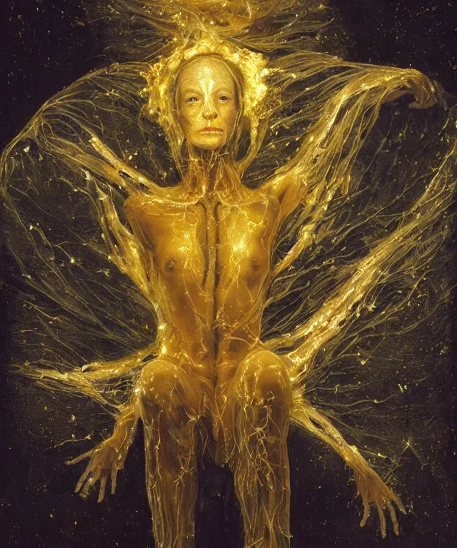 Image similar to Beautiful full-body wax sculpture of a glowing clothed transparent moth with a woman face in a glowing dress with visible gold bones covered with melted white wax inside the singularity where stars becoming baroque folds of dark matter by Michelangelo da Caravaggio, Nicola Samori, William Blake, Alex Grey and Beksinski, dramatic volumetric lighting, highly detailed oil painting, 8k, masterpiece