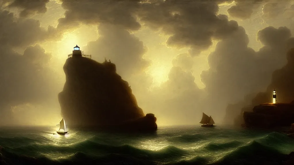 Image similar to lighthouse in the cave, sail boat, andreas achenbach, artgerm, mikko lagerstedt, zack snyder, tokujin yoshioka