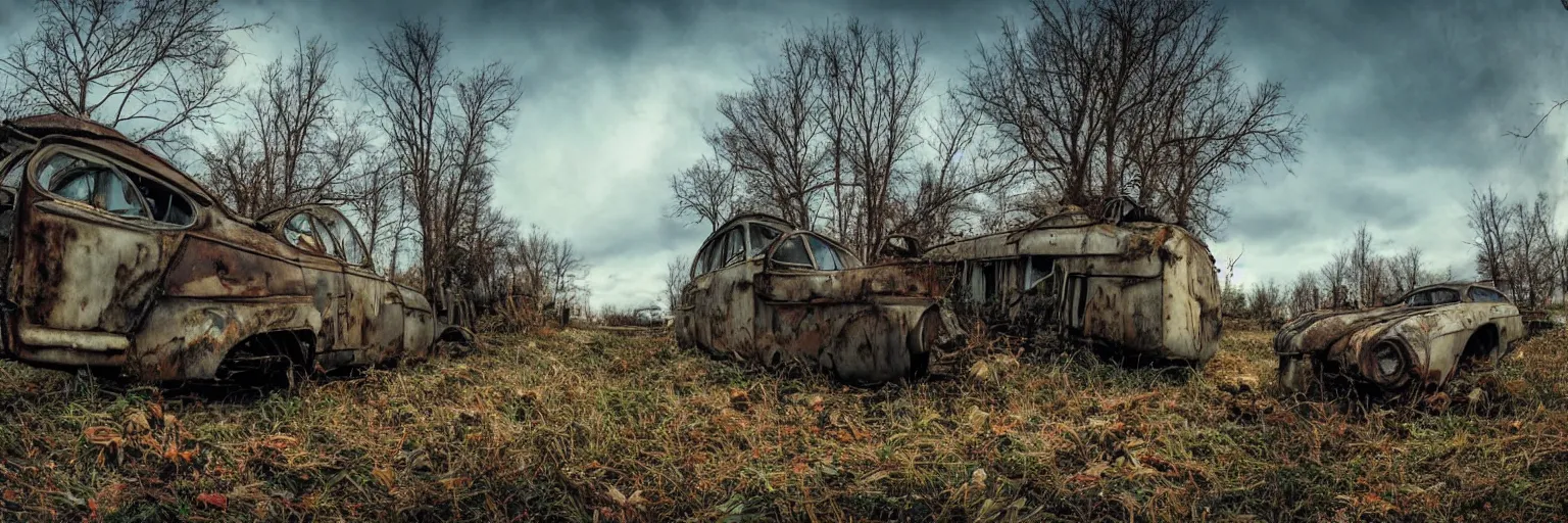 Prompt: low wide angle shot of dilapidated fallout 5 europa, retro futuristic overgrown euro rural town, decrepit road, dilapidated european houses, few rusted retro futuristic vintage parked vehicles like cars, volumetric lighting, photorealistic, daytime, autumn, cold sunny weather, sharp focus, ultra detailed, 4 2 0 0 k