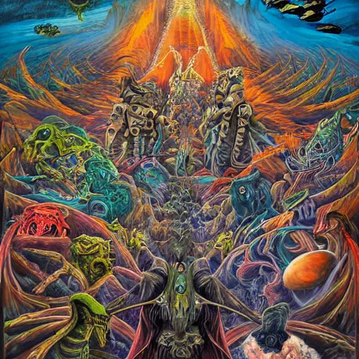 Image similar to a high hyperdetailed painting of the war between the monsters of reason vs the monsters of imagination, the merging of determined and undetermined worlds horror and spiritual fantasy creatures, as dichotomies are broken in search of elevation psychedelic surreal magical dystopian technological utopian psycho spiritual art, anarchist art chaotic fulcolor