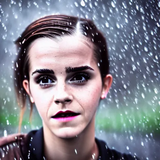 Image similar to Emma Watson standing outside in the rain, sad, modelsociety, radiant skin, huge anime eyes, RTX on, perfect face, directed gaze, intricate, Sony a7R IV, symmetric balance, polarizing filter, Photolab, Lightroom, 4K, Dolby Vision, Photography Award