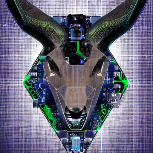 Image similar to cybernetic evil goat head merged with complex circuitry and machinery