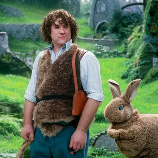 Image similar to frowning clean shaven pudgy British lad with short curly dark brown hair as a hobbit wearing a white men's crossbody sling chest bag and blue vest standing next to a giant rabbit, blue vest! white crossbody chestbag! high resolution film still, movie by Peter Jackson