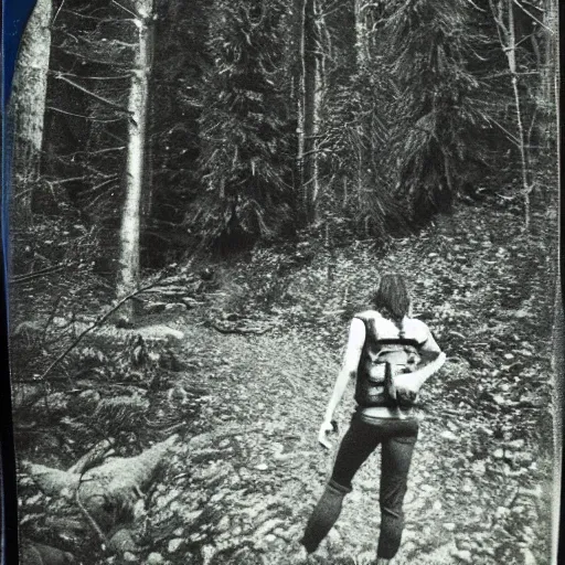 Image similar to a polaroid picture of a hiker in a forest before he went missing there is a wendigo hiding in the background,