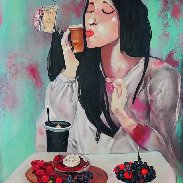 Prompt: “ sensual, a portrait in a female art student ’ s apartment, pancakes, woman drinking an iced latte from a painting, berries, art supplies, a candle dripping white wax, berry juice drips, neo - expressionism, surrealism, acrylic and spray paint and oilstick on canvas ”
