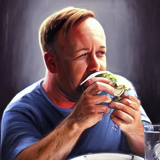 Image similar to painting of alex jones eating dinner on the toilet, full view, popular on artstation, artstationhd, artstationhq 8 k, volumetric lighting, super focused, no blur, trending on artstation, artstationhd, artstationhq, ultra detailed, by artgerm and james gurney, greg rutkowski,