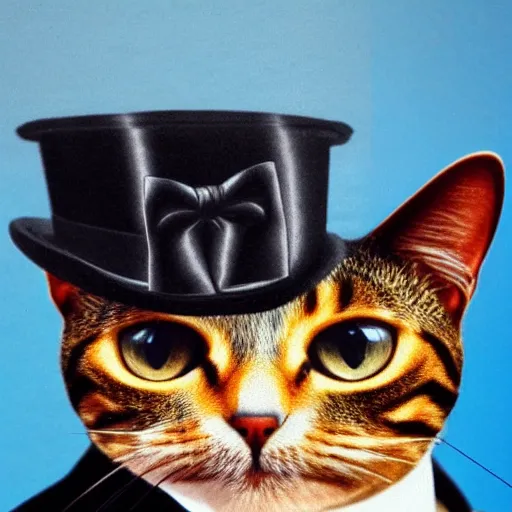 Prompt: a cat wearing a top hat and a bow tie, a stock photo by René Magritte, shutterstock contest winner, pop surrealism, steampunk, surrealist, handsome