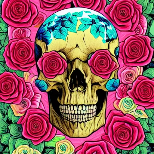 Image similar to ortographic view of a large skull and vivid roses by Jen Bartel and Dan Mumford and Satoshi Kon, gouache illustration