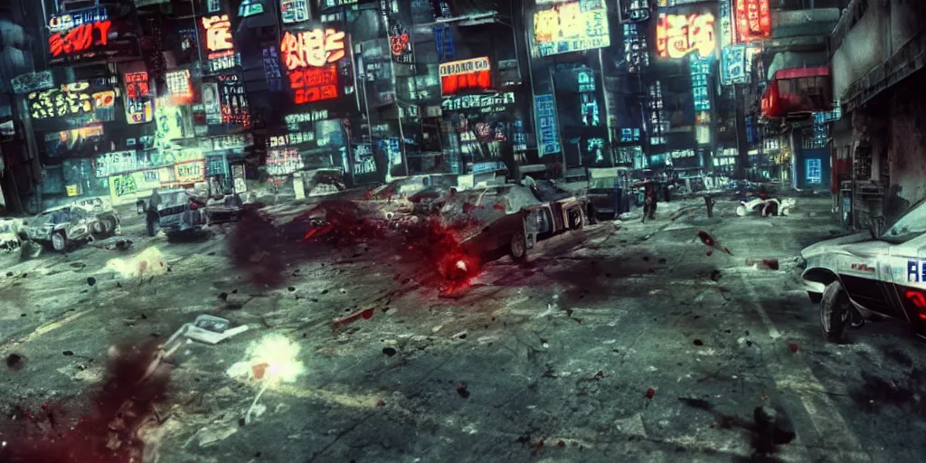 Prompt: 1991 Video Game Screenshot, Anime Neo-tokyo Cyborg bank robbers vs police, bags of money, Multiplayer set-piece, Police officers hit by bullets, Bullet Holes and Blood Splatter, Hostages, Smoke Grenades, Large Caliber Sniper Fire, Chaos, Cyberpunk, Money, Anime Bullet VFX, Machine Gun Fire, Violent Gun Action, Shootout, Highly Detailed, 8k :4 by Katsuhiro Otomo + Studio Gainax : 8